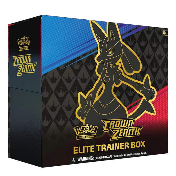 Crown Zenith Elite Trainer Box met Lucario en kleurrijke achtergrond, perfect voor Pokémon verzamelaars.