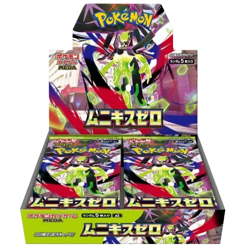 Nihil Zero Booster Box (Munikis Zero) met kleurrijke verpakking en Mega Evolutie thema