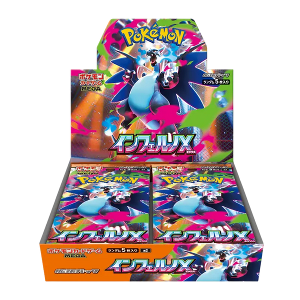 Inferno X Booster Box met kleurrijk ontwerp en Pokémon kaarten voor verzamelaars.