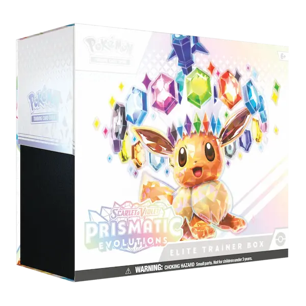 Prismatic Evolutions Elite Trainer Box met Eevee en kleurrijke edelstenen, perfect voor Pokémon verzamelaars.