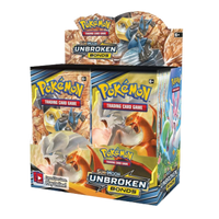 Unbroken Bonds Booster Box (1) met Pokémon kaarten, inclusief Tag Team GX kaarten uit de Sun & Moon set.