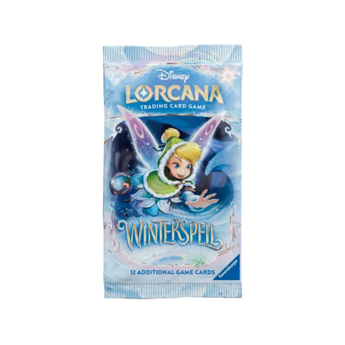 Winterspell Booster Box van Disney Lorcana, met Tinkerbell op de verpakking en 12 extra spelkaarten.