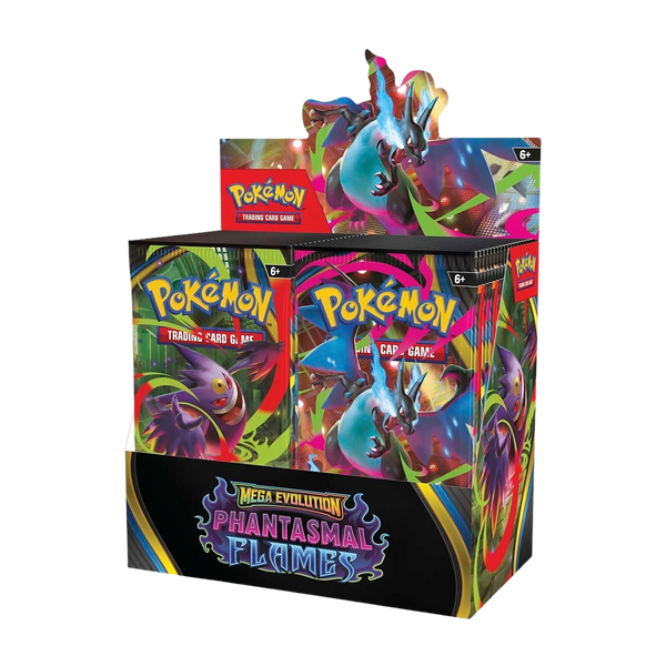 Phantasmal Flames Booster Box met Pokémon kaarten en Mega Evolutie design.