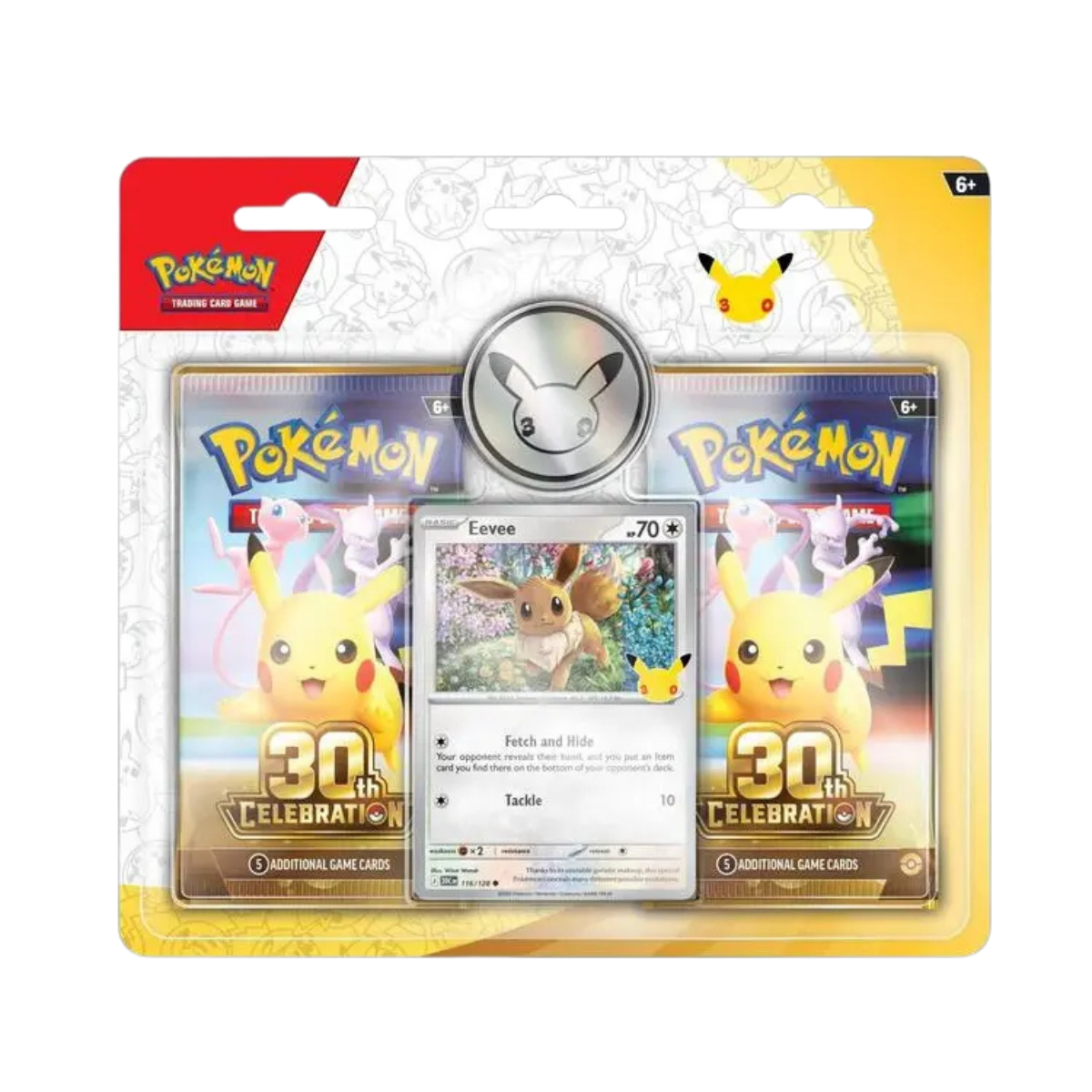 30th Celebration 2-Pack Blister Eevee met Eevee-promokaart en Pokémon-munt voor 30 jaar Pokémon.