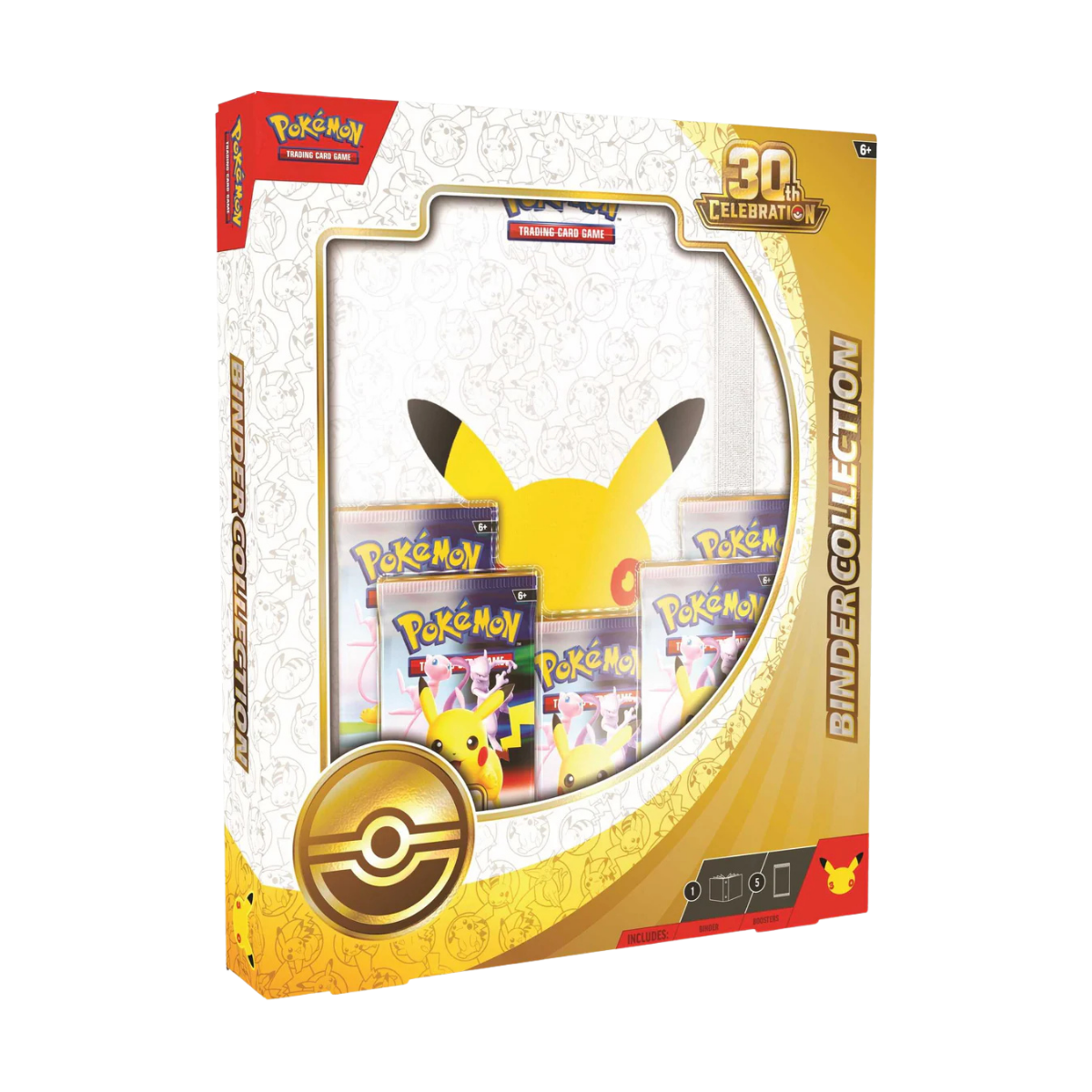 30th Celebration Binder Collection met Pikachu en booster packs van de Pokémon TCG.