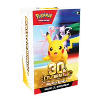 30th Celebration Booster Bundle verpakking met Pikachu, Mewtwo en andere Pokémon, inclusief 6 booster packs.