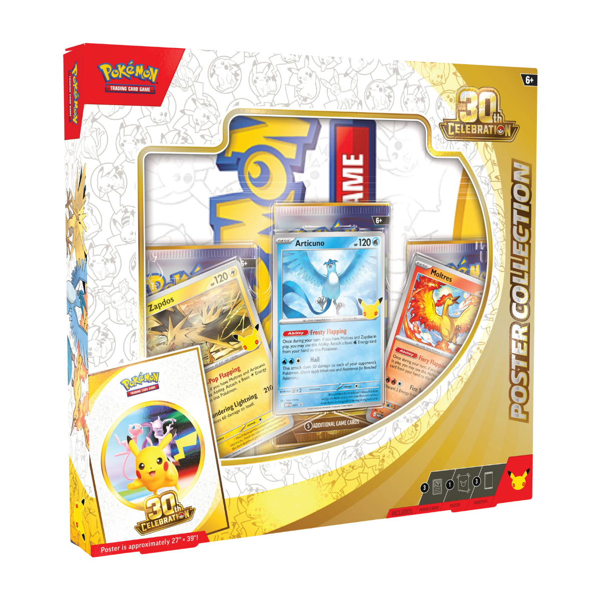 30th Celebration Poster Collection met promokaarten van Articuno, Zapdos en Moltres.