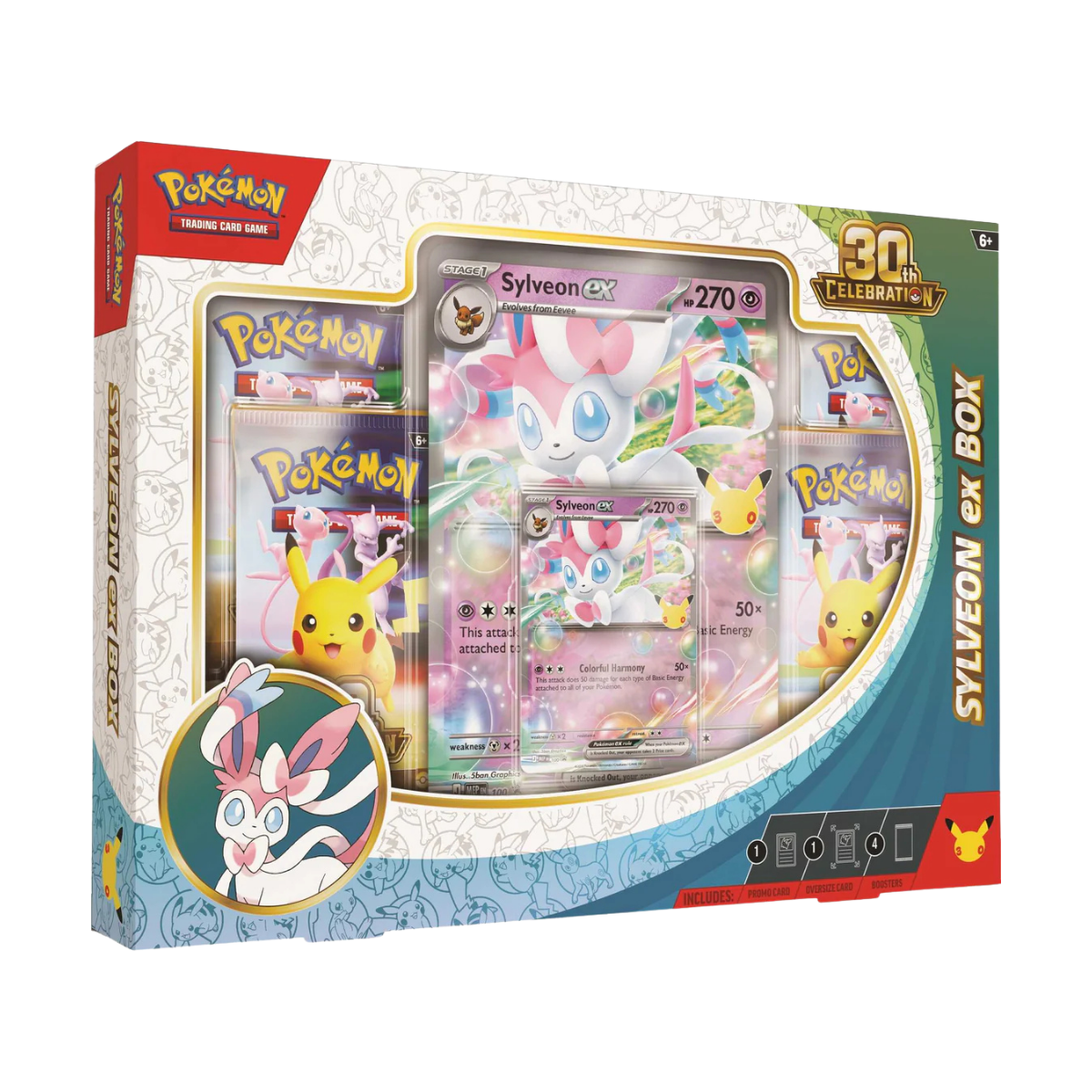 30th Celebration Sylveon ex Box met promokaarten en boosterpacks voor Pokémon verzamelaars.
