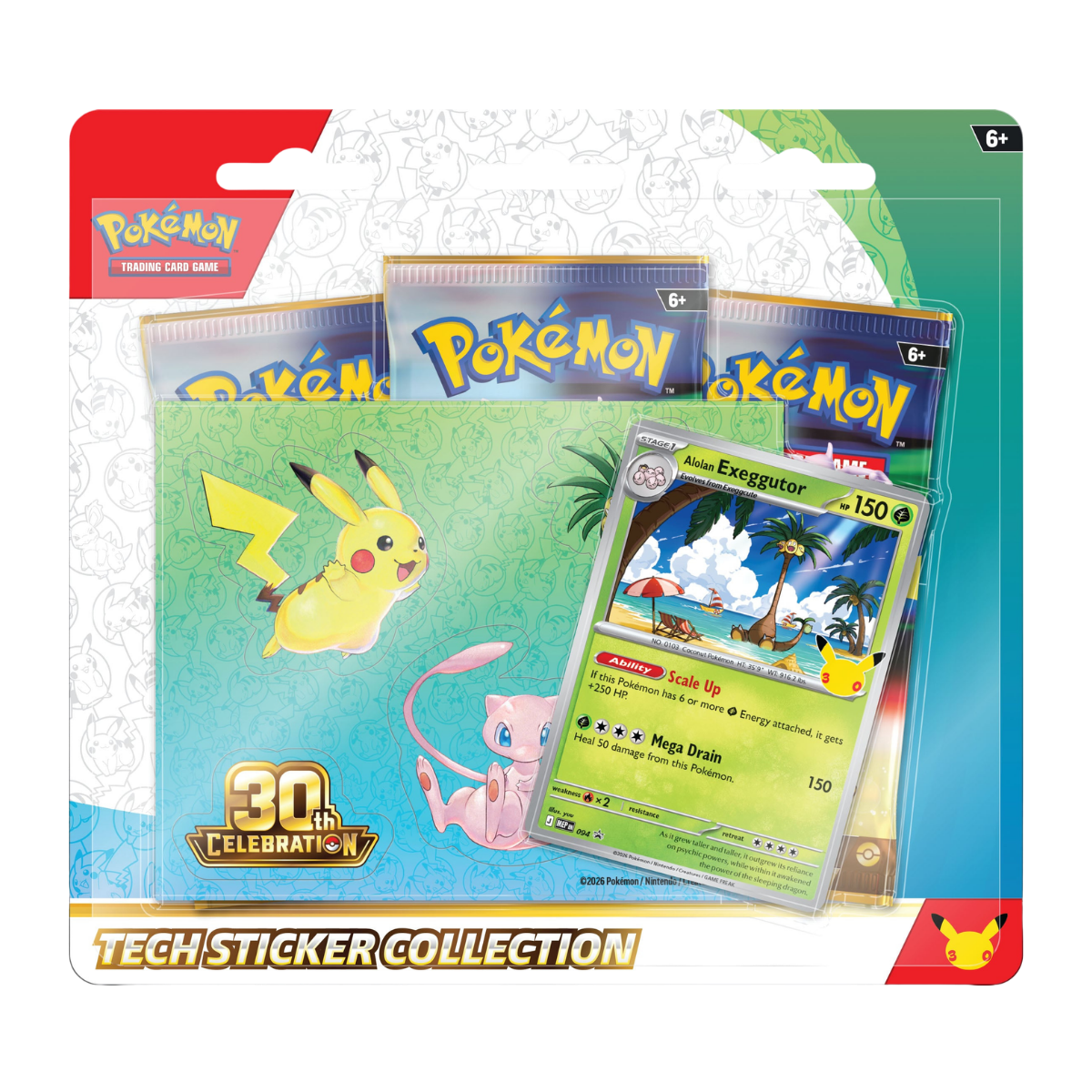 30th Celebration Tech Sticker Collection - Exeggutor met Pikachu, Mew en Alolan Exeggutor kaart.
