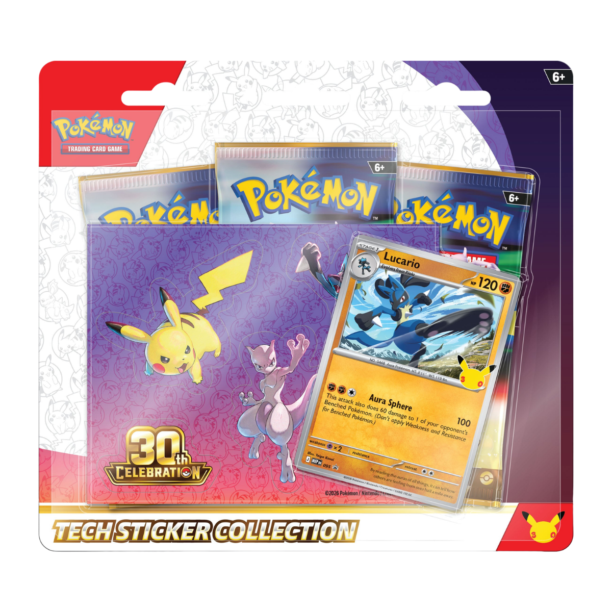30th Celebration Tech Sticker Collection - Lucario met Lucario kaart en booster packs in verpakking.