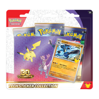 30th Celebration Tech Sticker Collection - Lucario met Lucario kaart en booster packs in verpakking.