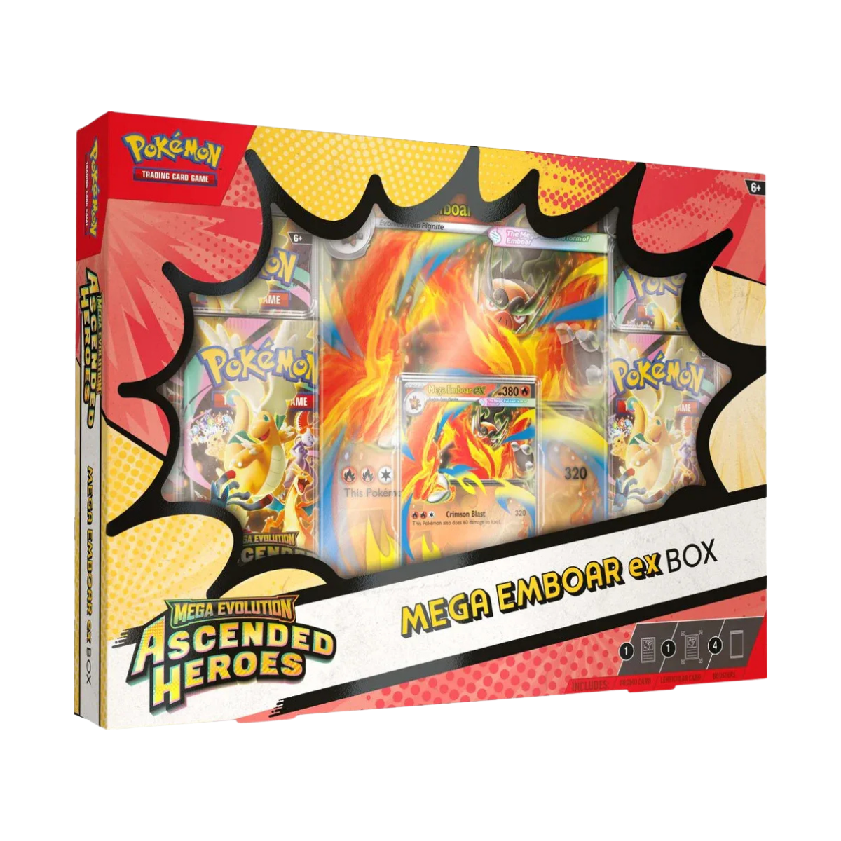 Ascended Heroes Mega Emboar ex Box met Mega Emboar ex promokaart en booster packs, ideaal voor Pokémon verzamelaars.