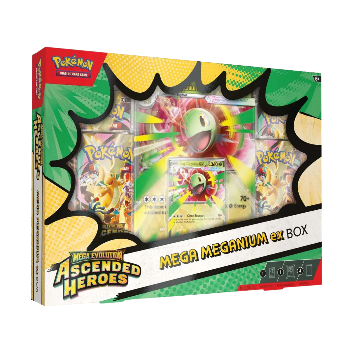 Ascended Heroes Mega Meganium ex Box verpakking met Pokémon kaarten en Mega Meganium ex. Prachtige verzameling voor fans.