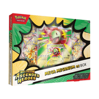 Ascended Heroes Mega Meganium ex Box verpakking met Pokémon kaarten en Mega Meganium ex. Prachtige verzameling voor fans.