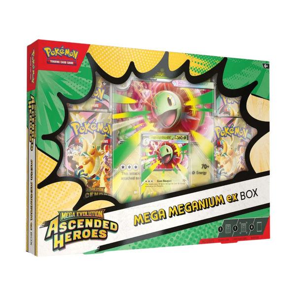 Ascended Heroes Mega Meganium ex Box verpakking met Pokémon kaarten en Mega Meganium ex. Prachtige verzameling voor fans.