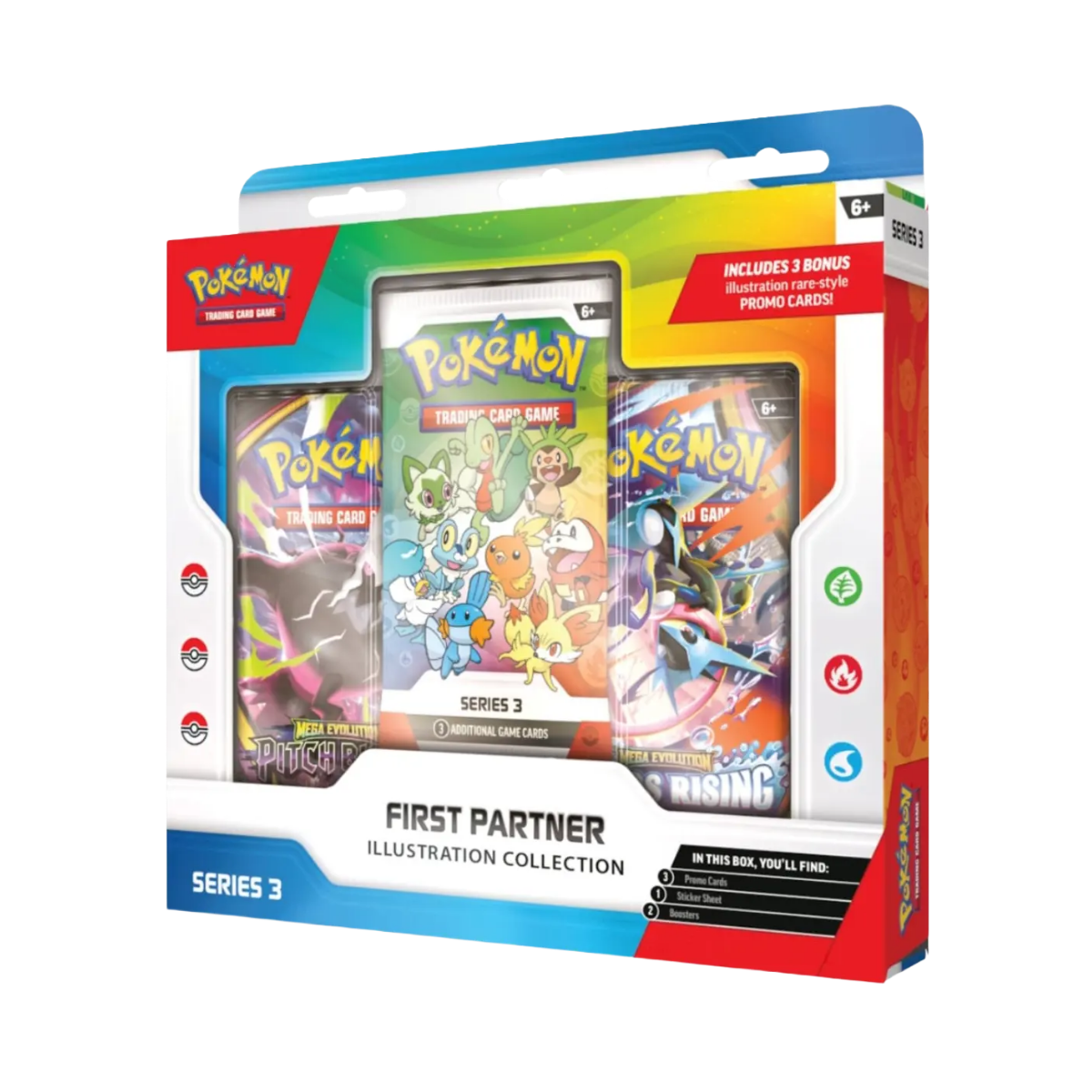Eén blik op de First Partner Illustration Collection Series 3 met promokaarten en TCG-kaartpakketten.