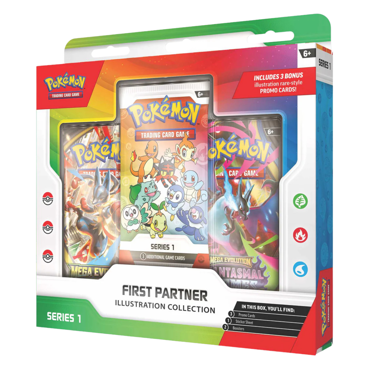 First Partner Illustration Collection Box met booster packs en promokaarten van populaire Pokémon.