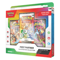 First Partner Illustration Collection Box met booster packs en promokaarten van populaire Pokémon.
