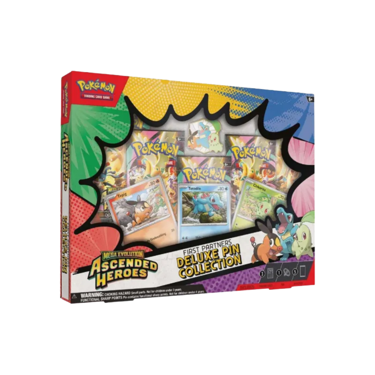 Ascended Heroes First Partners Deluxe Pin Collection met kaarten en pins uit de Pokémon Trading Card game.