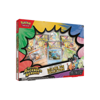 Ascended Heroes First Partners Deluxe Pin Collection met kaarten en pins uit de Pokémon Trading Card game.