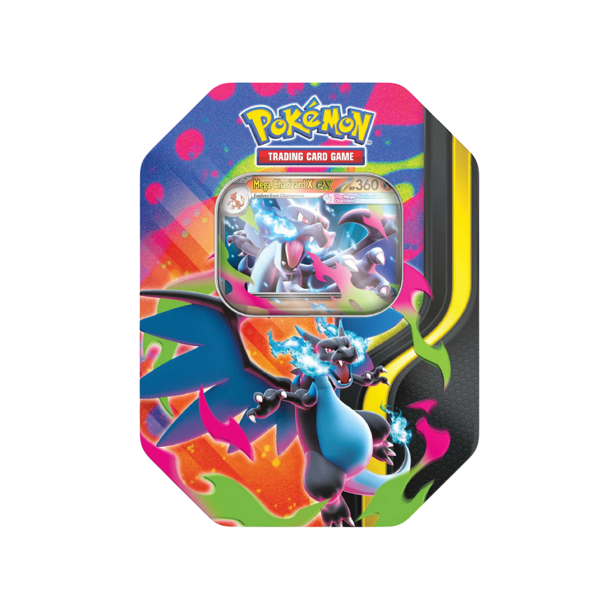 Mega Charizard ex Tin - Mega Charizard X met kleurrijke illustraties en reliëf voor het veilig bewaren van kaarten.