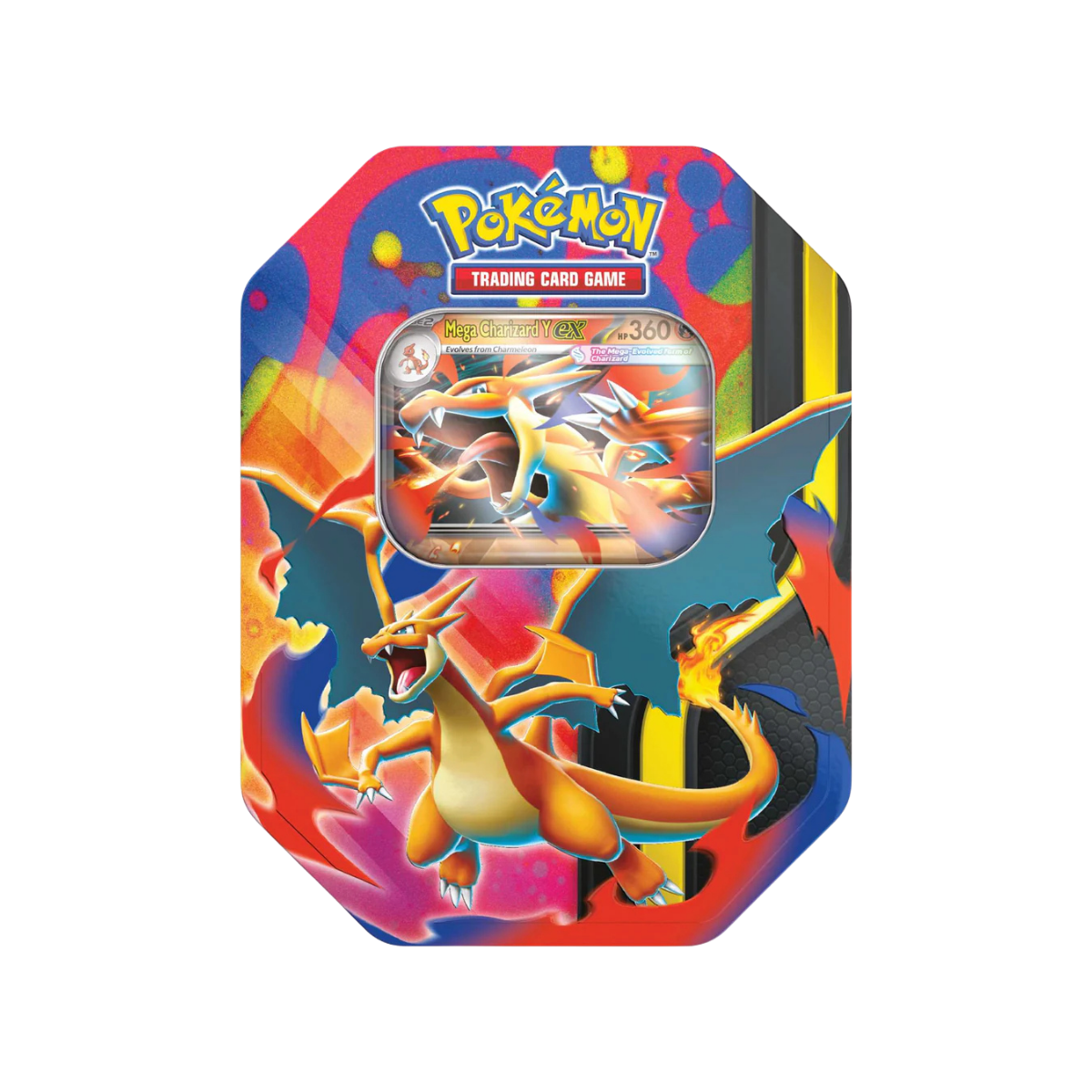 Mega Charizard ex Tin - Mega Charizard Y met kleurrijk ontwerp en reliëf, ideaal voor Pokémon verzamelaars.