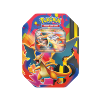Mega Charizard ex Tin - Mega Charizard Y met kleurrijk ontwerp en reliëf, ideaal voor Pokémon verzamelaars.