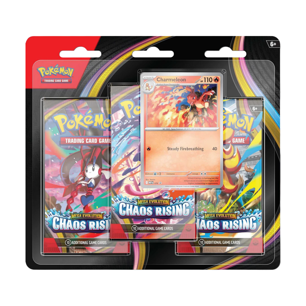 Chaos Rising 3-Pack Blister met Charmeleon kaart en Pokémon TCG uitbreiding.