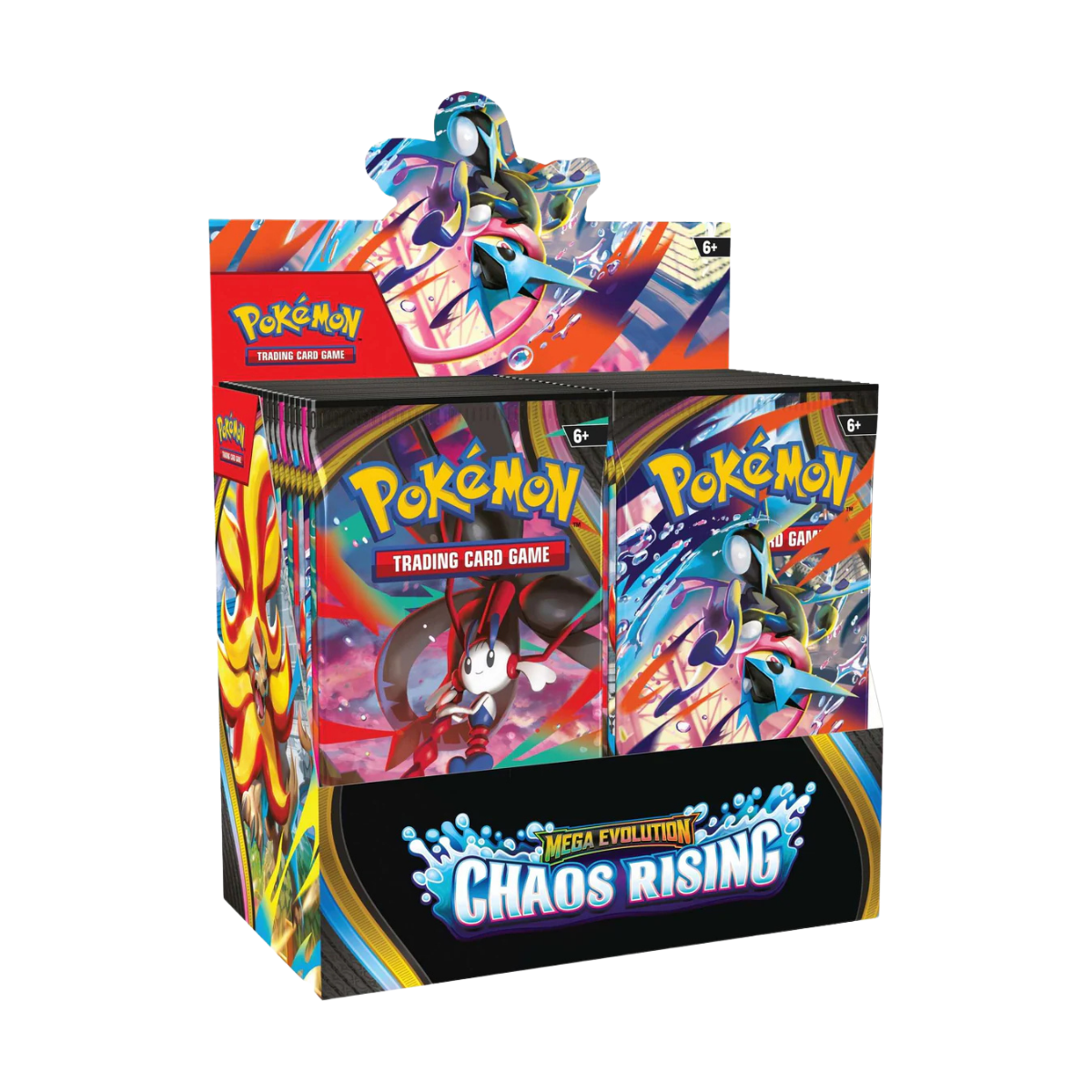 Chaos Rising Booster Box met booster packs van de Pokémon Mega Evolution serie