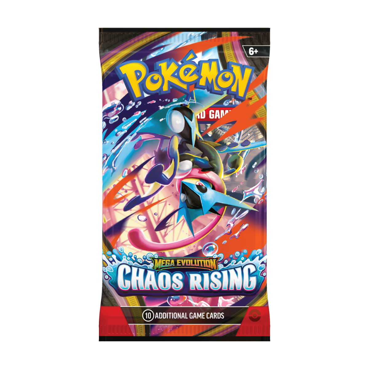 Chaos Rising Booster Pack van Pokémon met 10 extra spelkaarten en Mega Evolution thema.