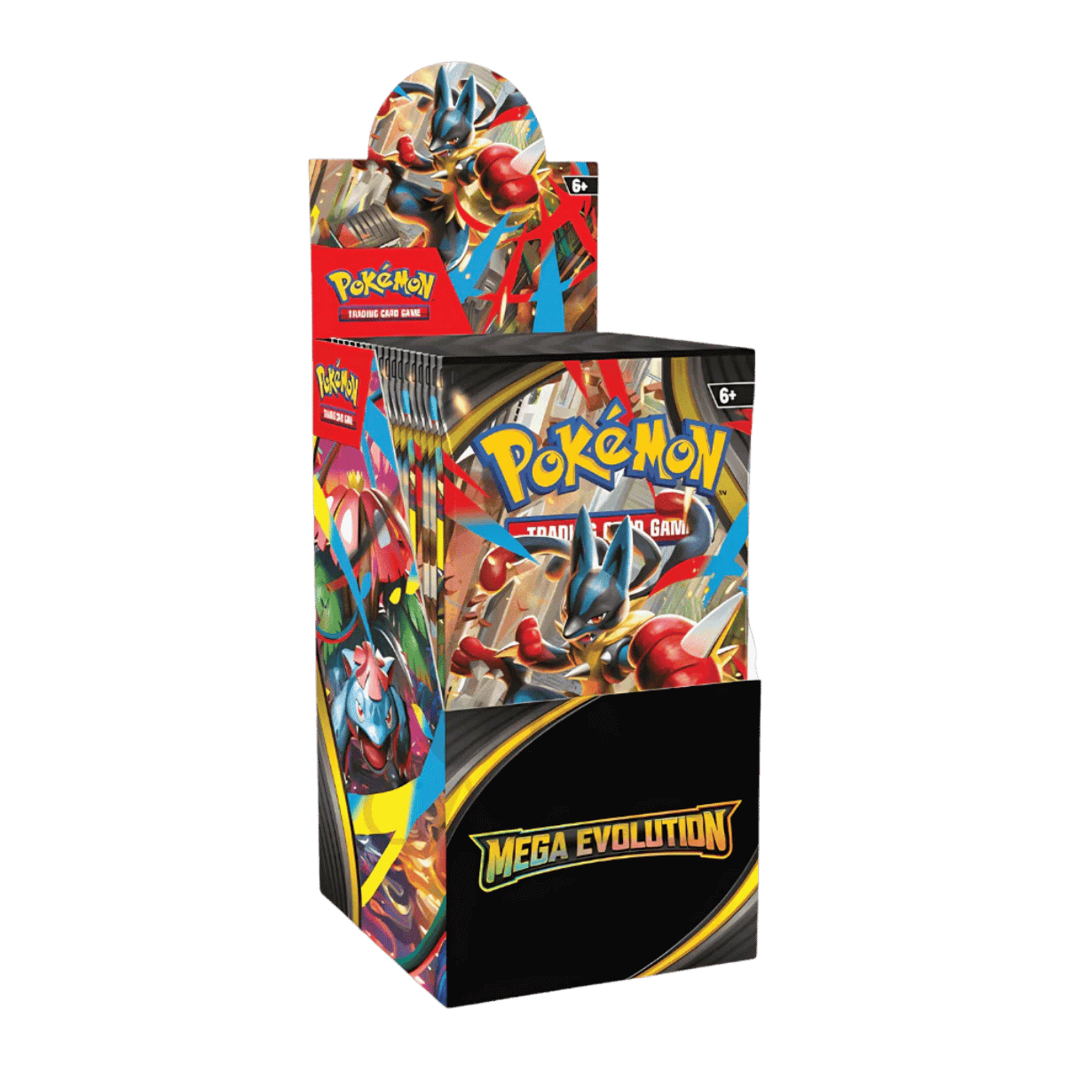 Mega Evolution Halve Booster Box (18 packs) met kleurrijk ontwerp en Mega Pokémon op de verpakking.