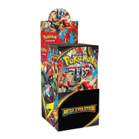 Mega Evolution Halve Booster Box (18 packs) met kleurrijk ontwerp en Mega Pokémon op de verpakking.