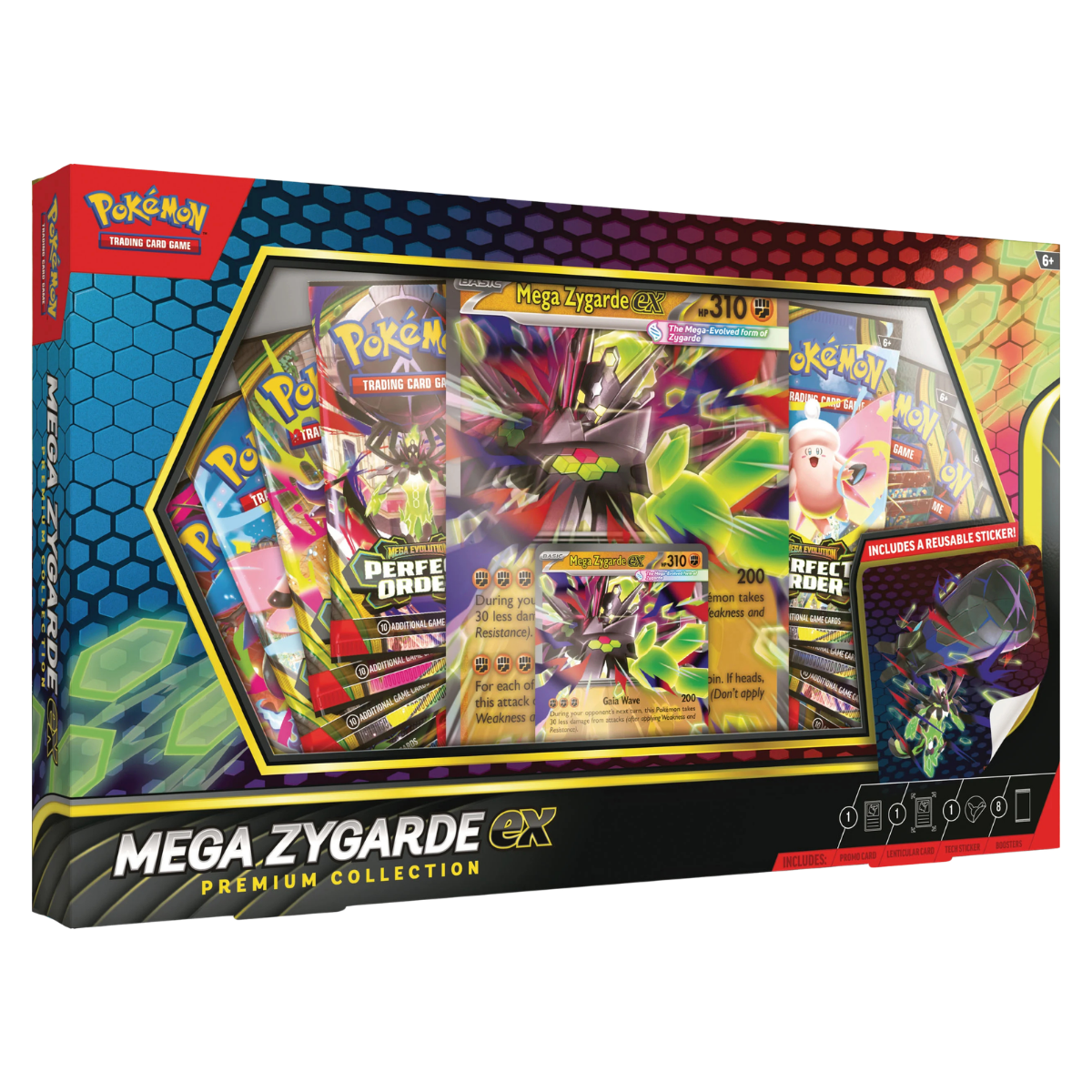 Mega Zygarde ex Premium Collection Box met promokaarten en booster packs voor Pokémon verzamelaars.