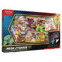 Mega Zygarde ex Premium Collection Box met promokaarten en booster packs voor Pokémon verzamelaars.