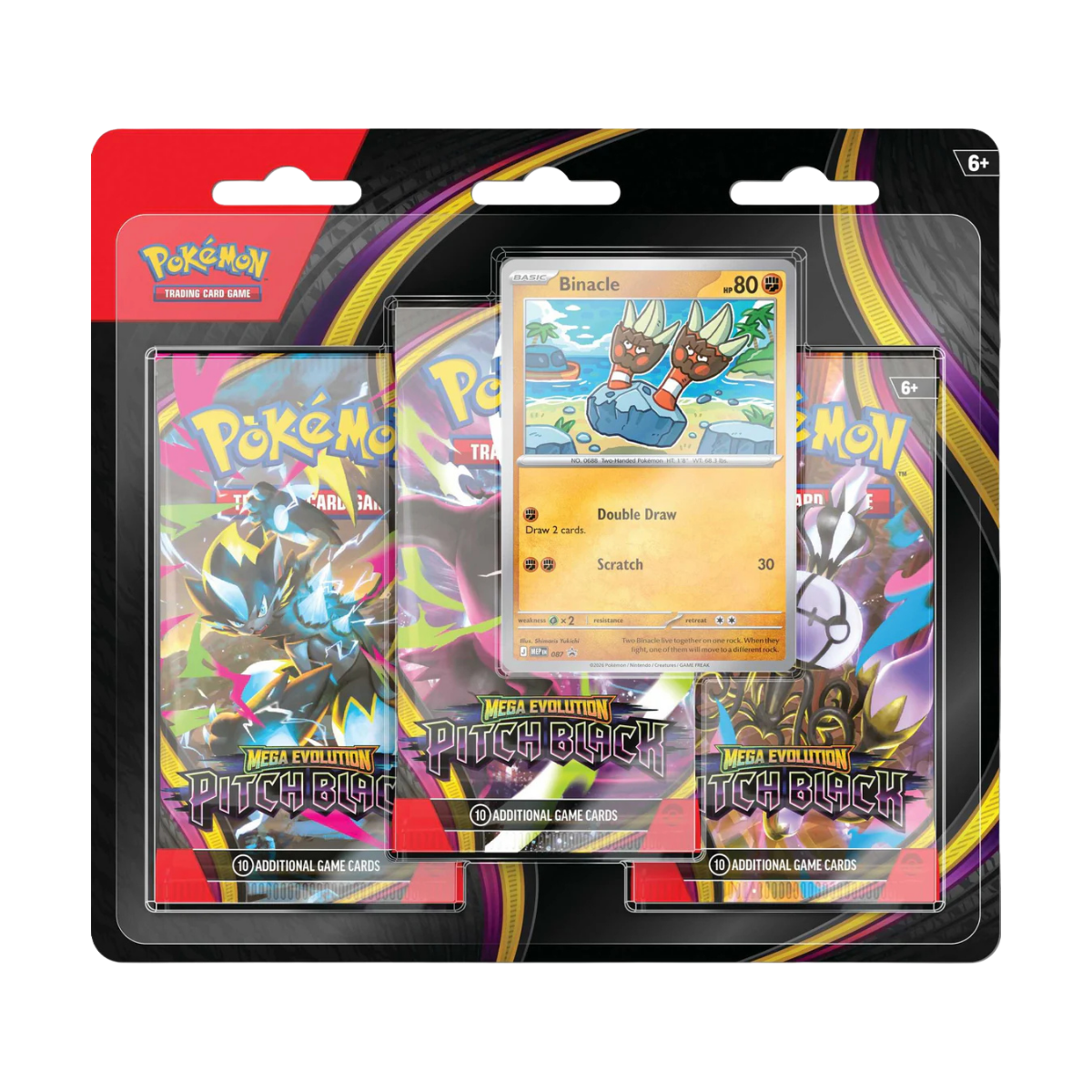Pitch Black 3-Pack Blister met Pokémon kaarten en Binacle kaart in blisterverpakking