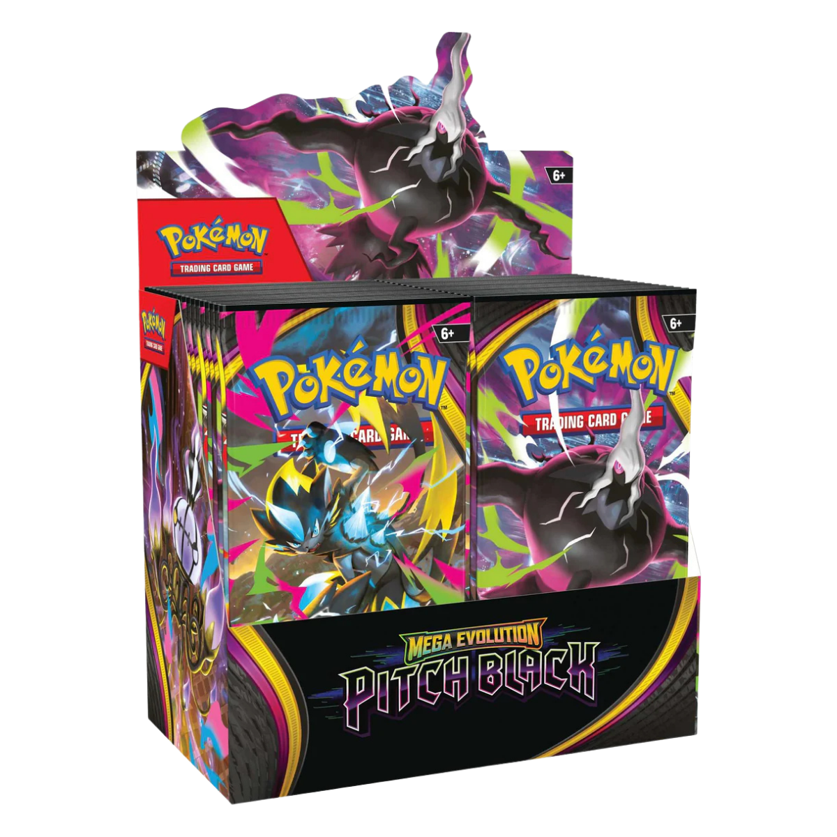 Pitch Black Booster Box met Mega Darkrai en Mega Zeraora voor Pokémon TCG: Mega Evolution.