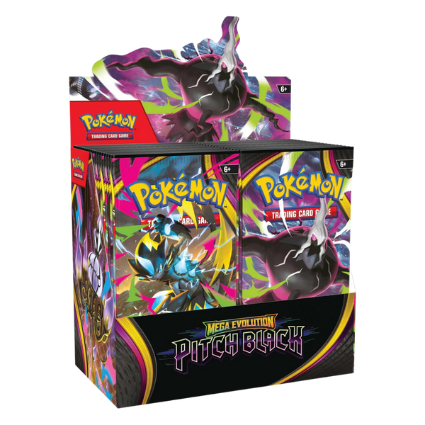 Pitch Black Booster Box met Mega Darkrai en Mega Zeraora voor Pokémon TCG: Mega Evolution.