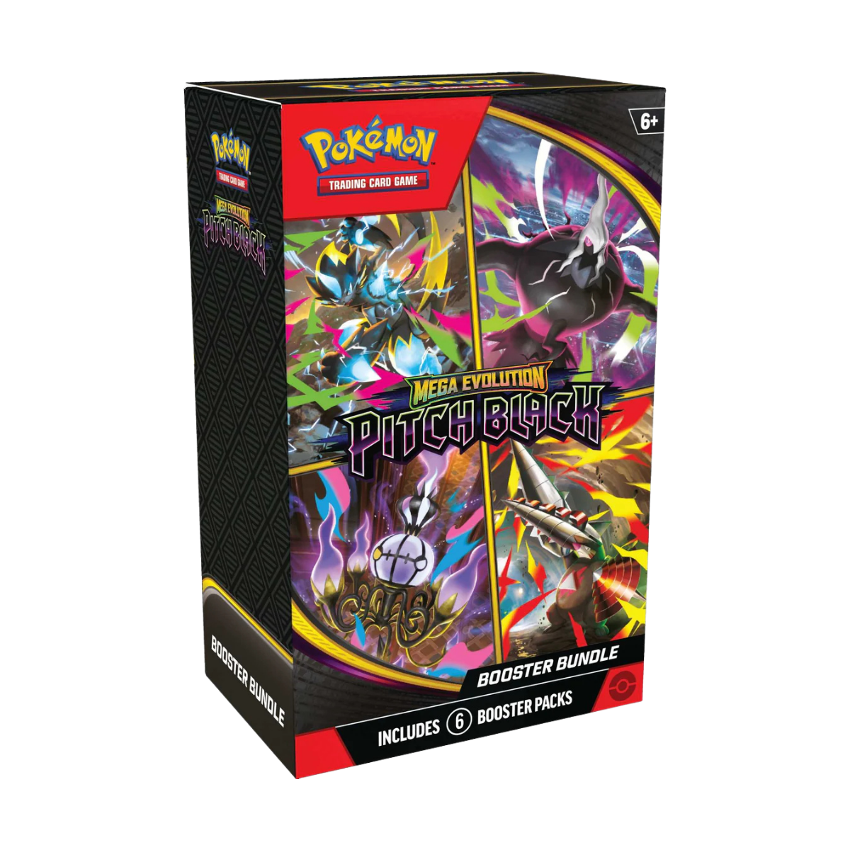 Afbeelding van de Pitch Black Booster Bundle van Pokémon, inclusief zes booster packs.