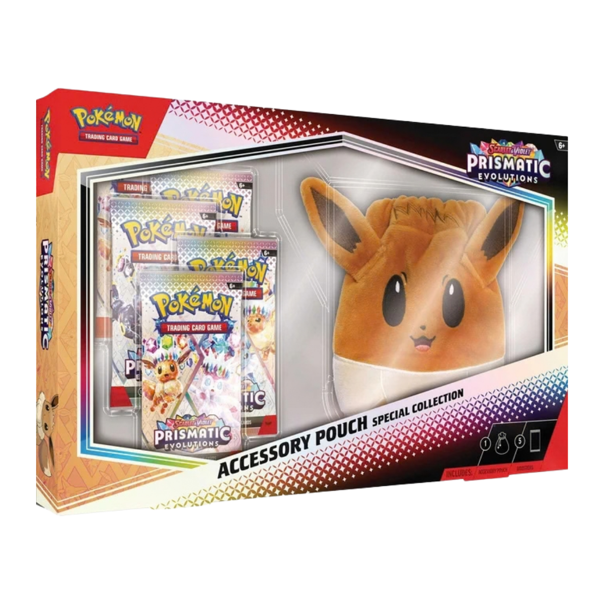 Prismatic Evolutions Accessory Pouch Special Collection met Eevee en vijf booster packs.