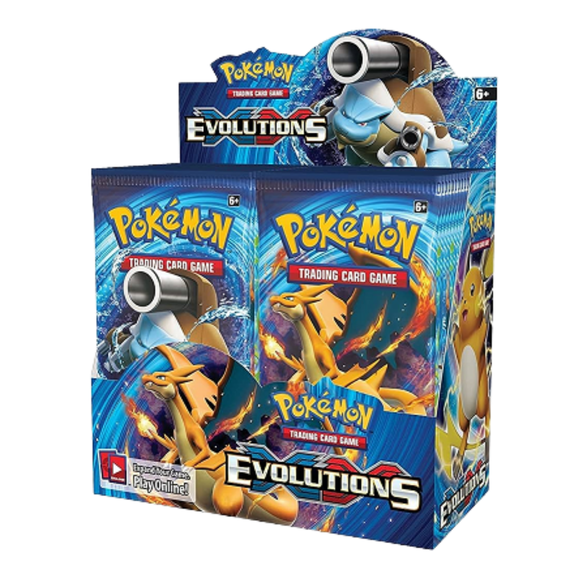 Evolutions Booster Box (1) met Pokemon booster packs en iconische Pokemon zoals Charizard en Pikachu.