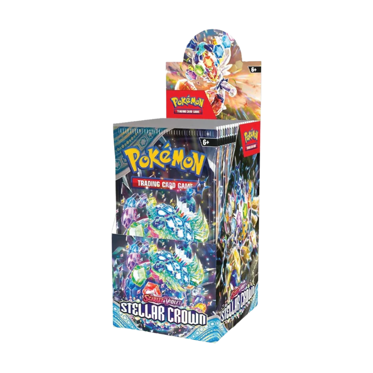 Afbeelding van de Stellar Crown Halve Booster Box met 18 booster packs vol met spectaculaire kaarten.