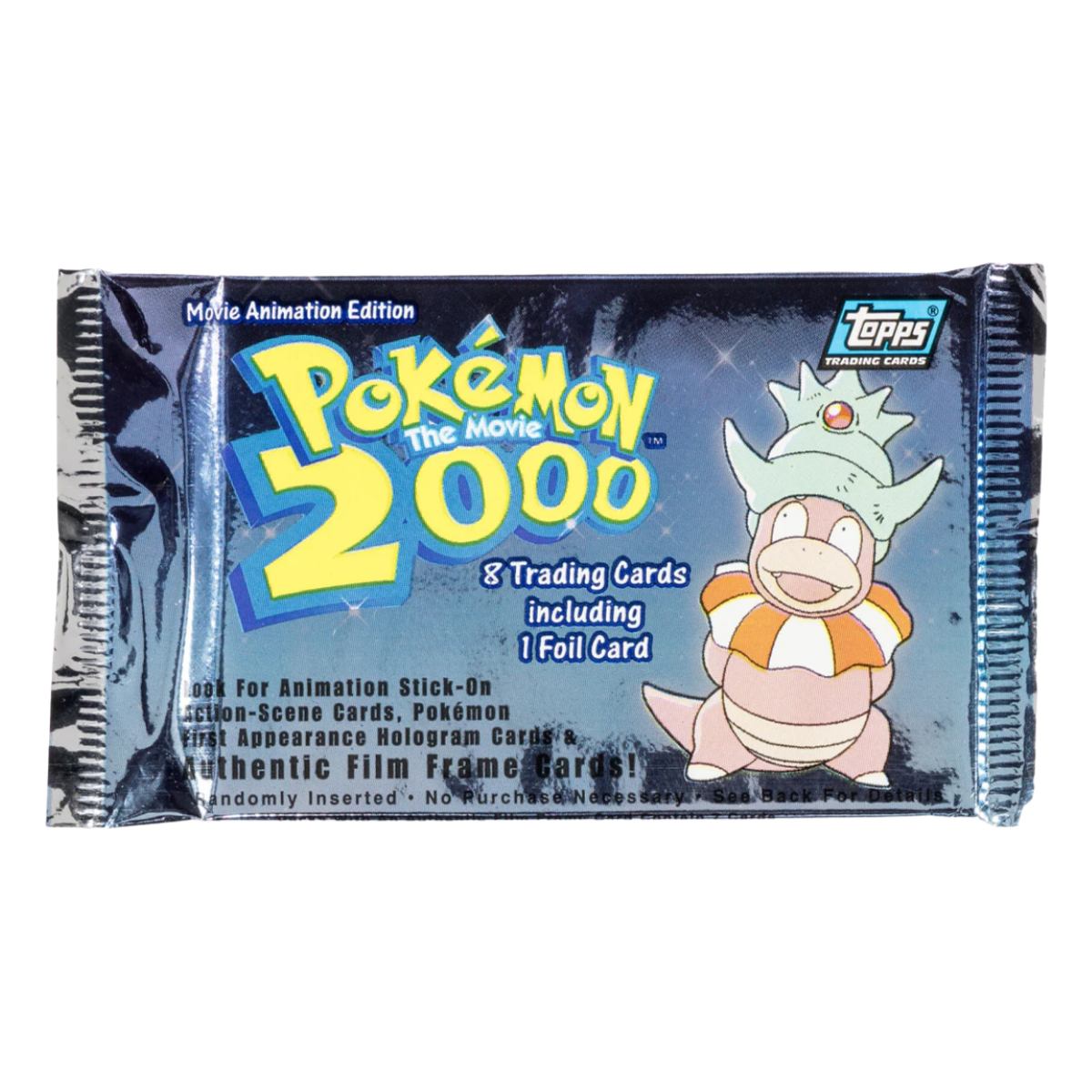 Topps Pokemon The Movie 2000 Booster Pack met 8 trading cards en 1 holo kaart in verpakking.