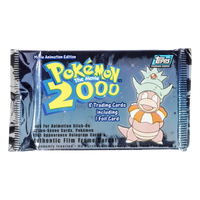 Topps Pokemon The Movie 2000 Booster Pack met 8 trading cards en 1 holo kaart in verpakking.