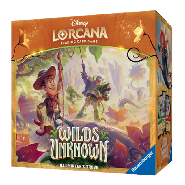 Disney Lorcana Wilds Unknown Illumineer's Trove verpakking met avontuurlijke personages en kleurrijke landschappen.